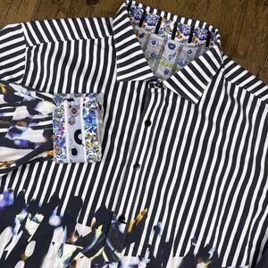 Robert Graham Cayman Island Shirt Mens 2XL Black White Striped Floral Abstract